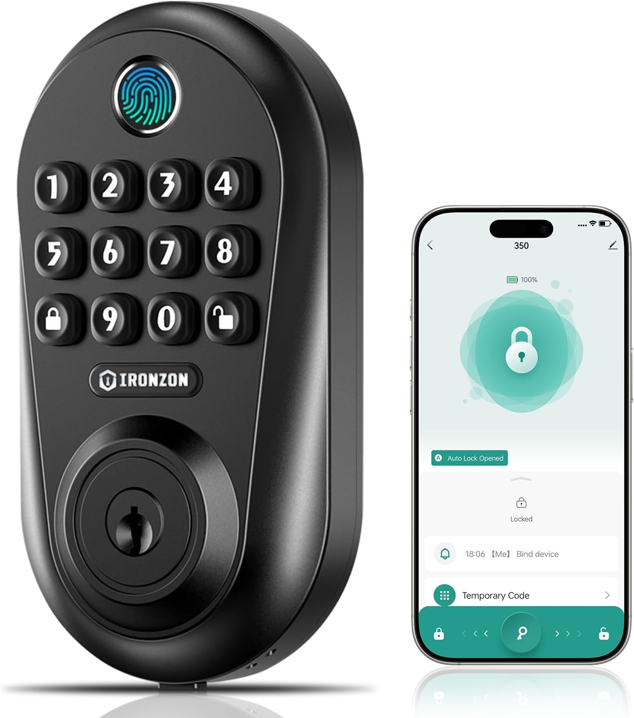 IRONZON Keyless Entry Door Lock - 350Y 5-in-1 Fingerprint Smart Locks for Front Door with Handle Set, Electronic Keypad Door Lock with Handle and Deadbolt - Black