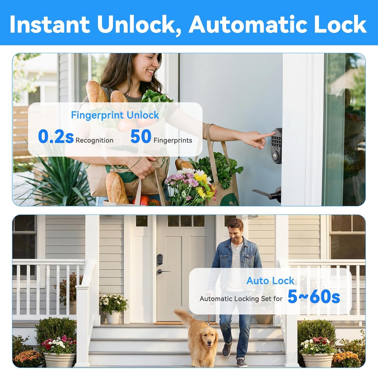 IRONZON Keyless Entry Door Lock - 350Y 5-in-1 Fingerprint Smart Locks for Front Door with Handle Set, Electronic Keypad Door Lock with Handle and Deadbolt - Black