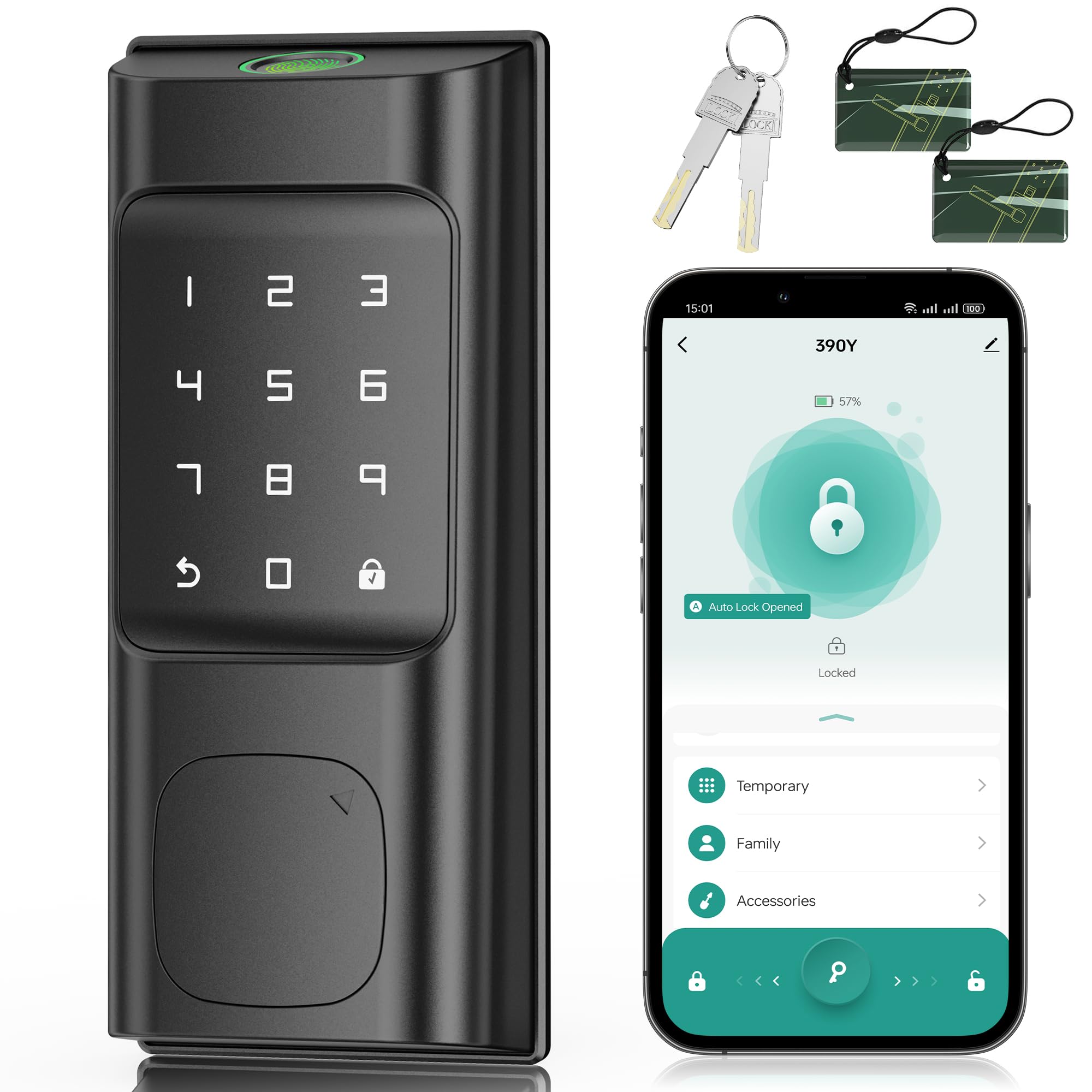 390Y 5-in-1 Smart Deadbolt Lock with Keypad/Fingerprint/App Control