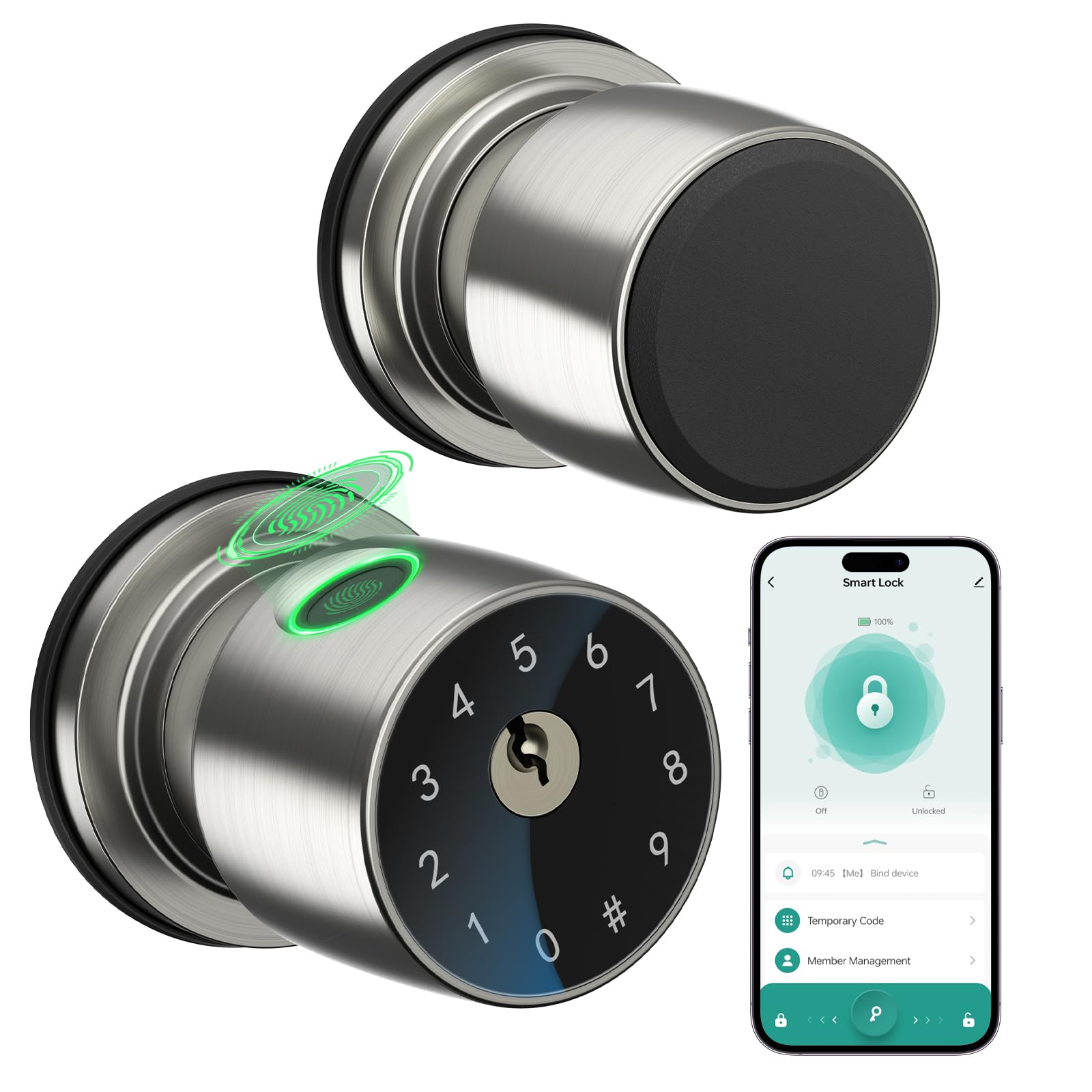 291Y Silver Biometric Fingerprint Door Knob – Smart Keyless Entry Lock