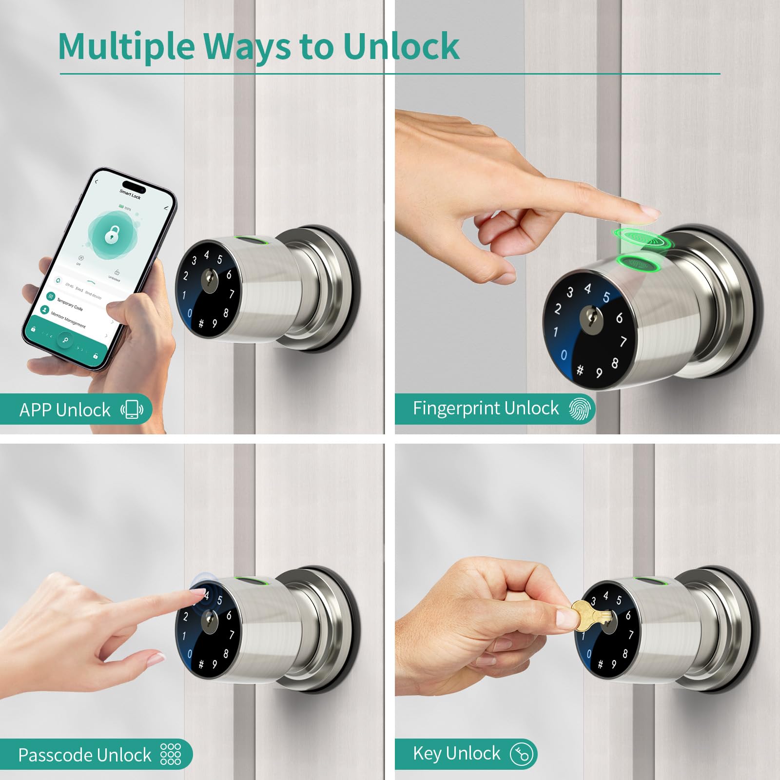 291Y Silver Biometric Fingerprint Door Knob – Smart Keyless Entry Lock