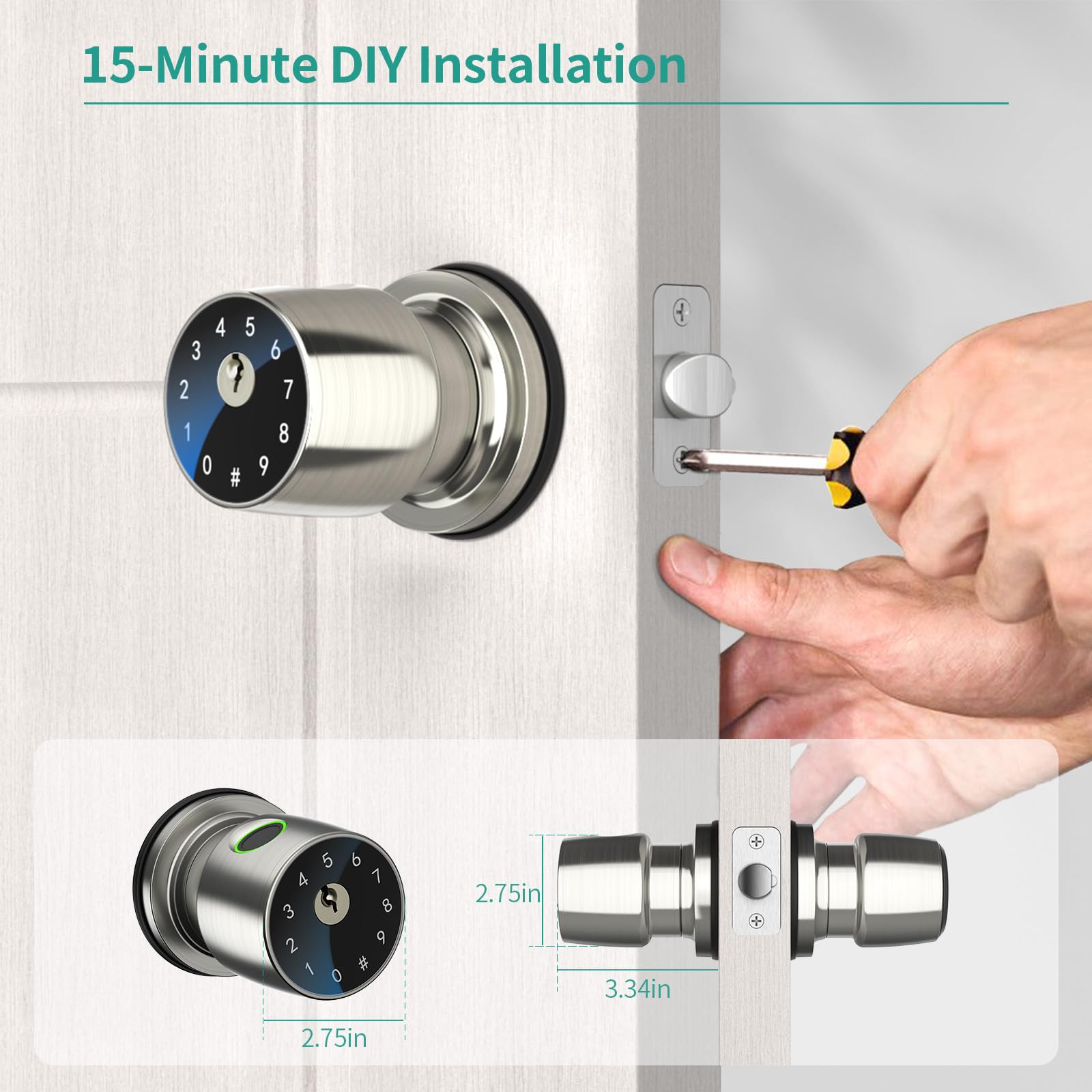 291Y Silver Biometric Fingerprint Door Knob – Smart Keyless Entry Lock