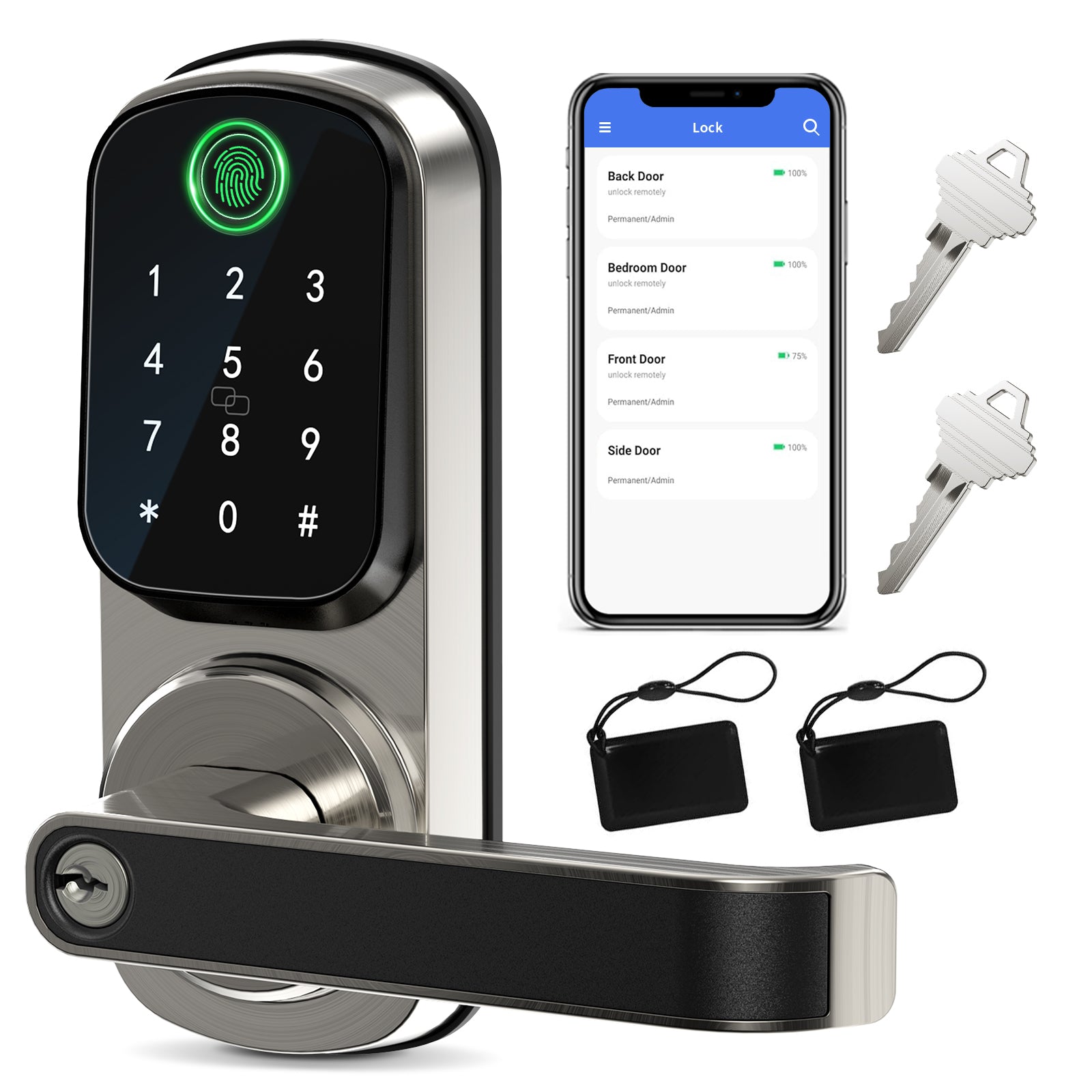 490TS 4-in-1 Bluetooth Deadbolt Smart Lock with Keypad/Fingerprint/App Control Silver