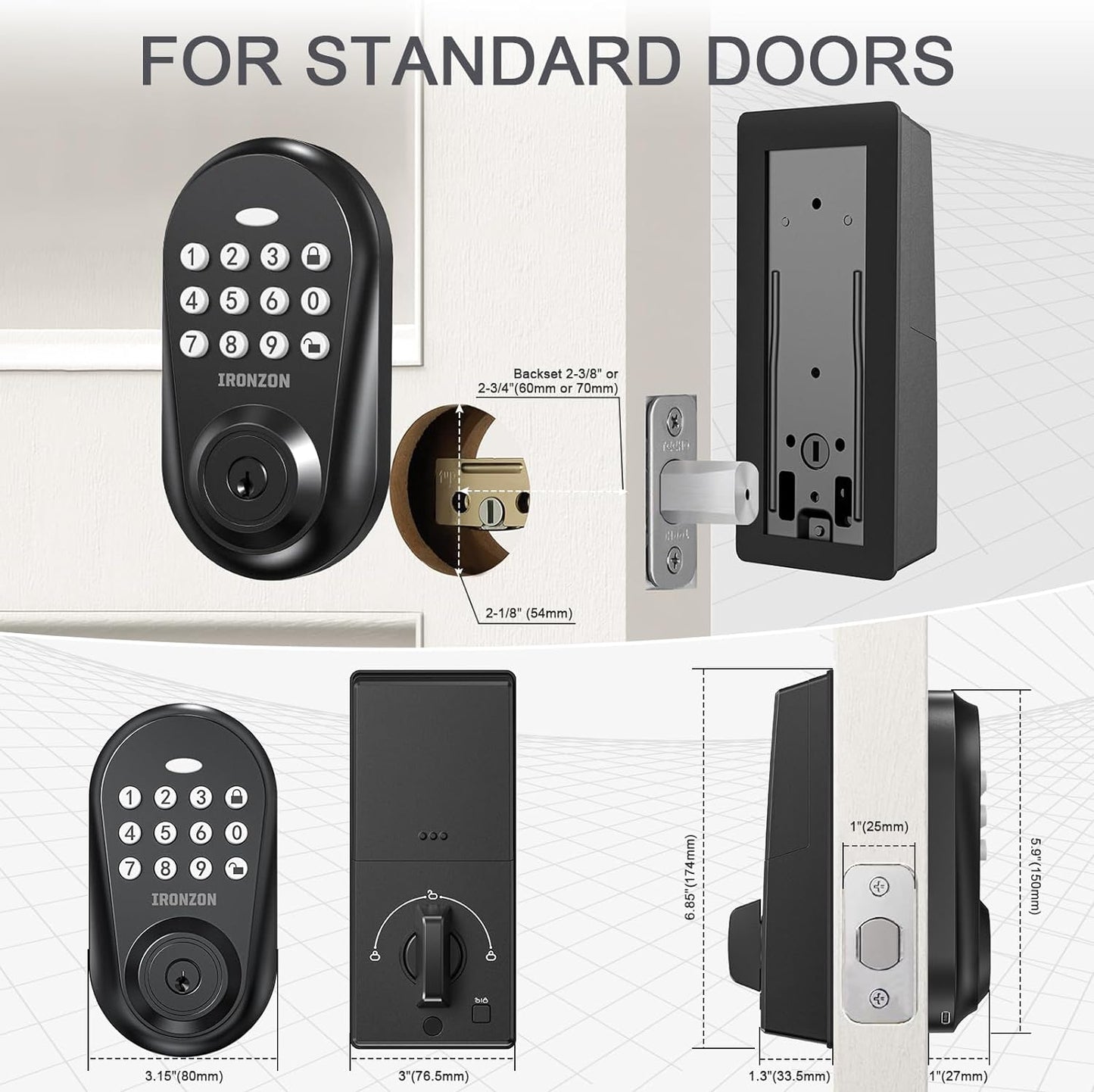 IRONZON Keyless Entry Door Lock , Electronic Door Lock with Keypad Deadbolt Black (D150B)