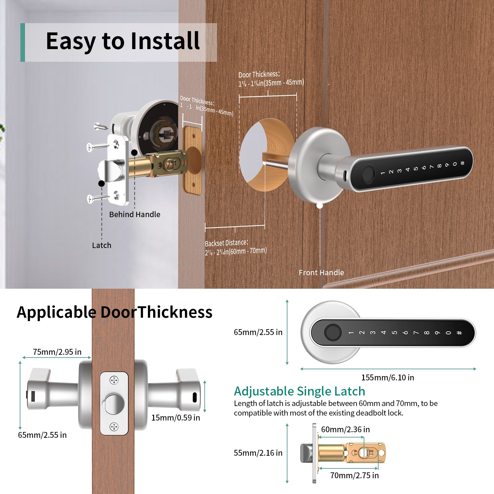 191F Silver Fingerprint Door Lock with Handle Keyless Entry Door Lock