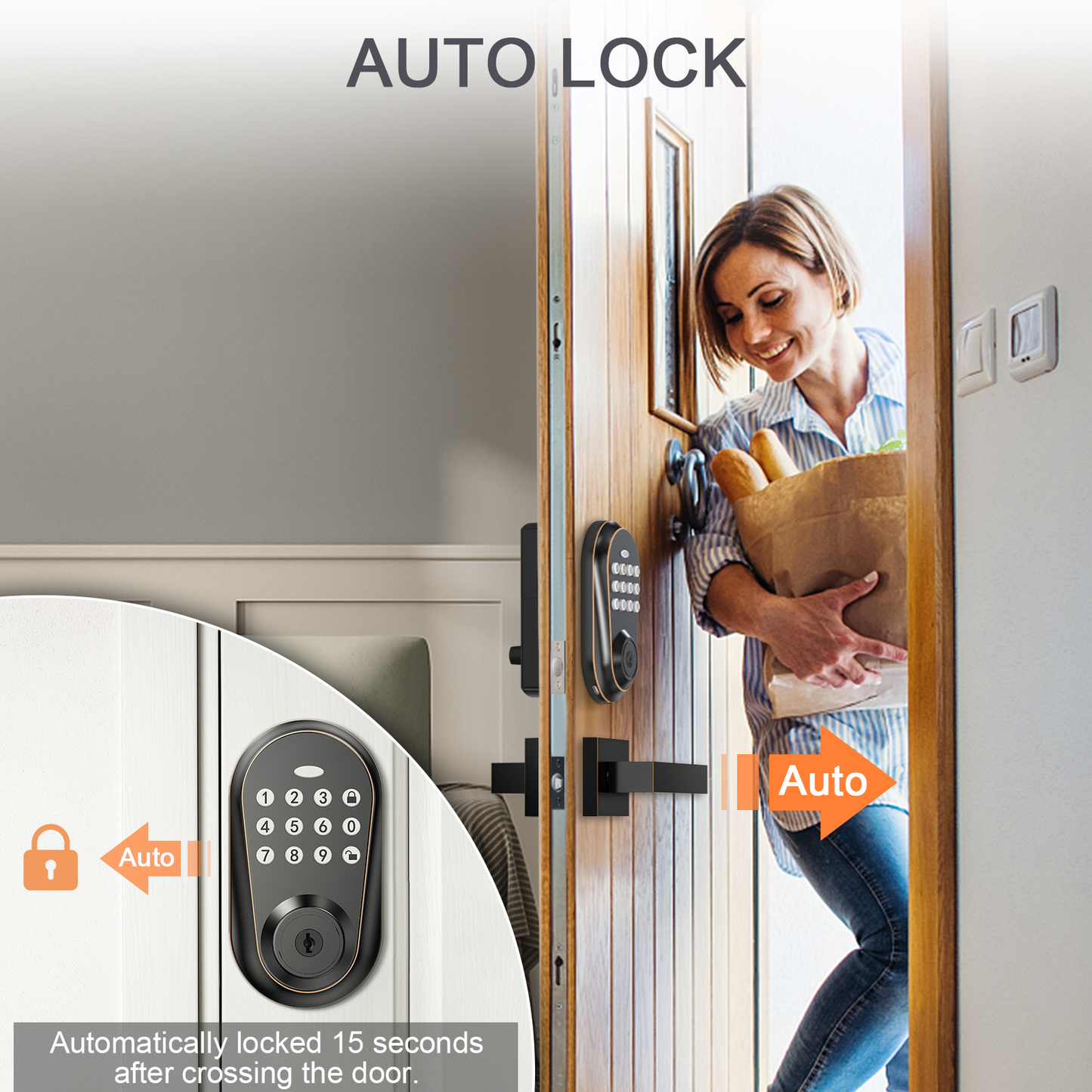 IRONZON Keyless Entry Door Lock with Door Handles, Electronic Door Lock with Keypad Deadbolt, Auto-Lock Keyless Door Lock, Front Door Lock Set, Anti-Peeping&Easy Installation of Keyless Deadbolt