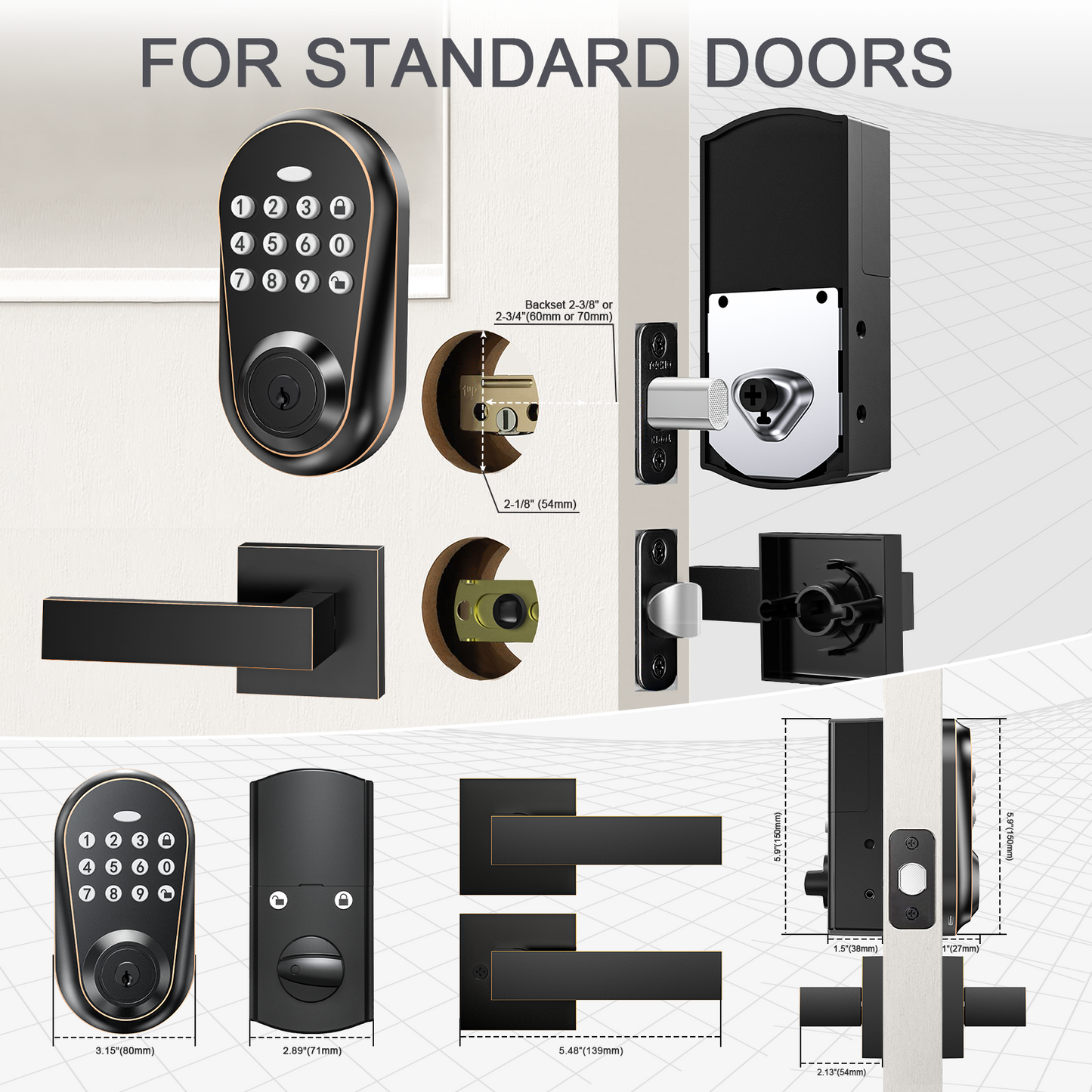 IRONZON Keyless Entry Door Lock with Door Handles, Electronic Door Lock with Keypad Deadbolt, Auto-Lock Keyless Door Lock, Front Door Lock Set, Anti-Peeping&Easy Installation of Keyless Deadbolt