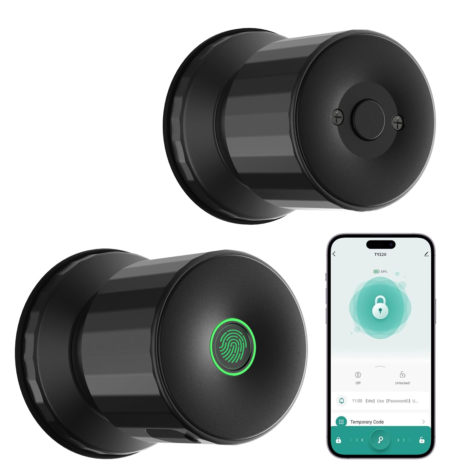 280X Fingerprint Door Knob, Smart Door Knob with APP Control, Black Keyless Entry Door Lock