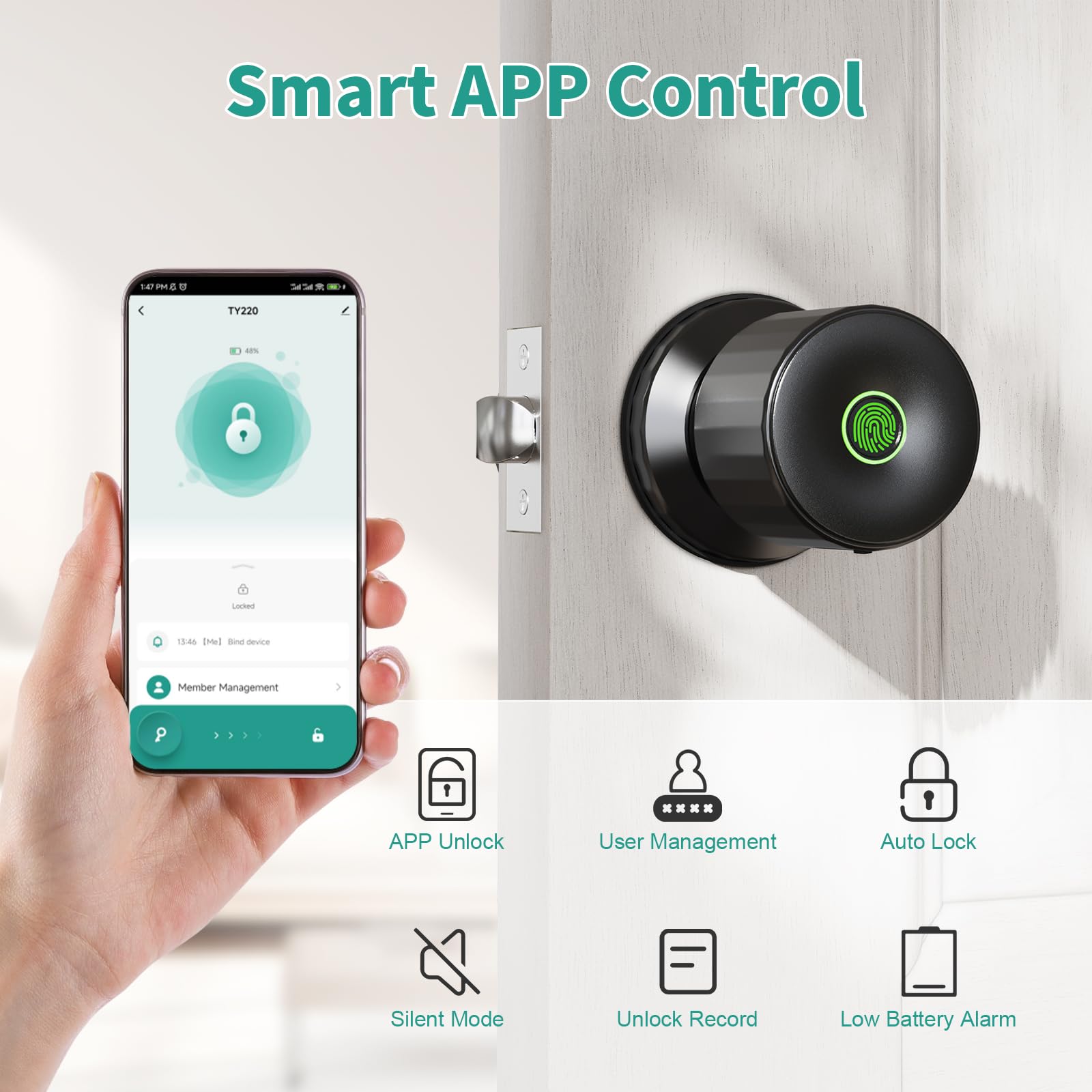 280X Fingerprint Door Knob, Smart Door Knob with APP Control, Black Keyless Entry Door Lock