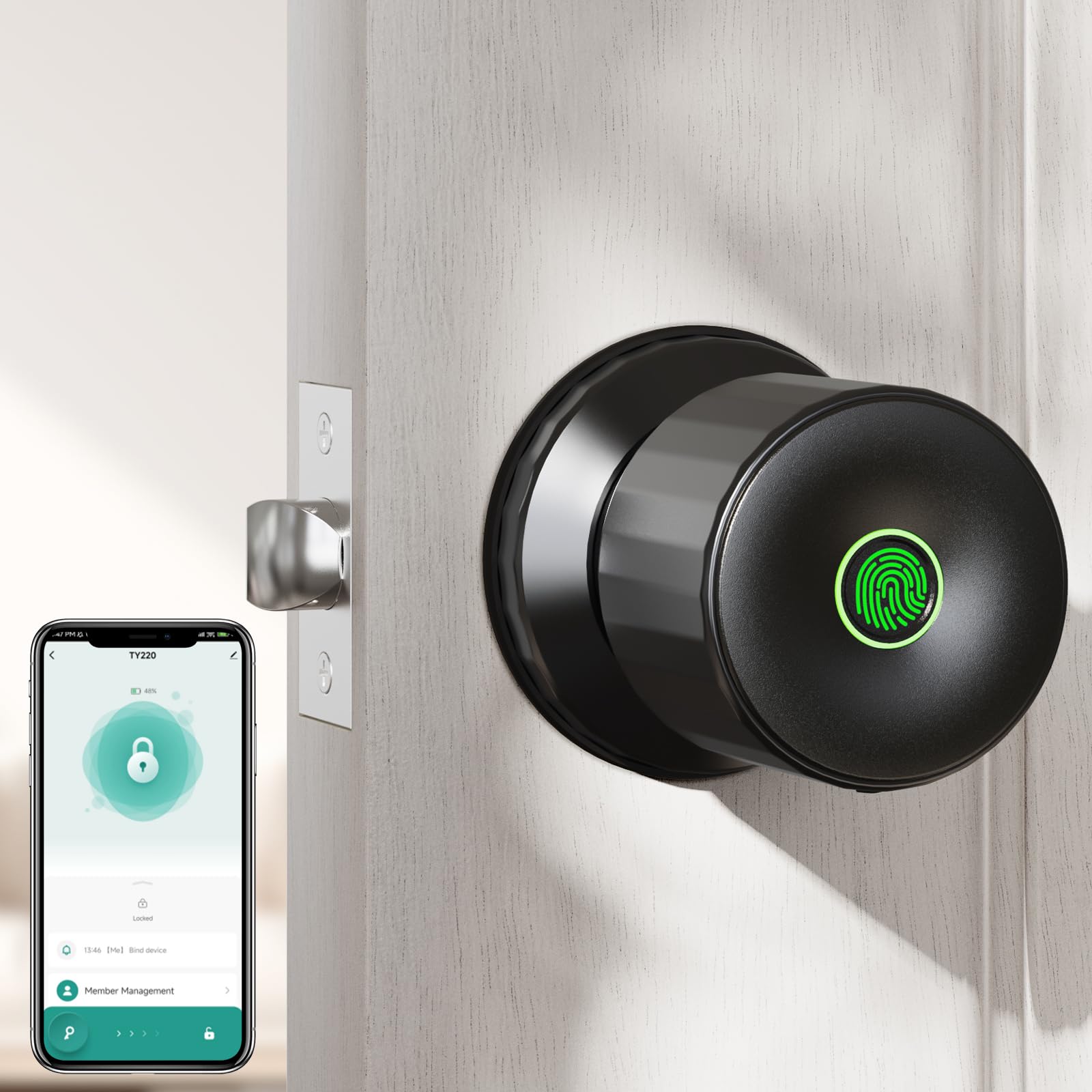 280X Fingerprint Door Knob, Smart Door Knob with APP Control, Black Keyless Entry Door Lock