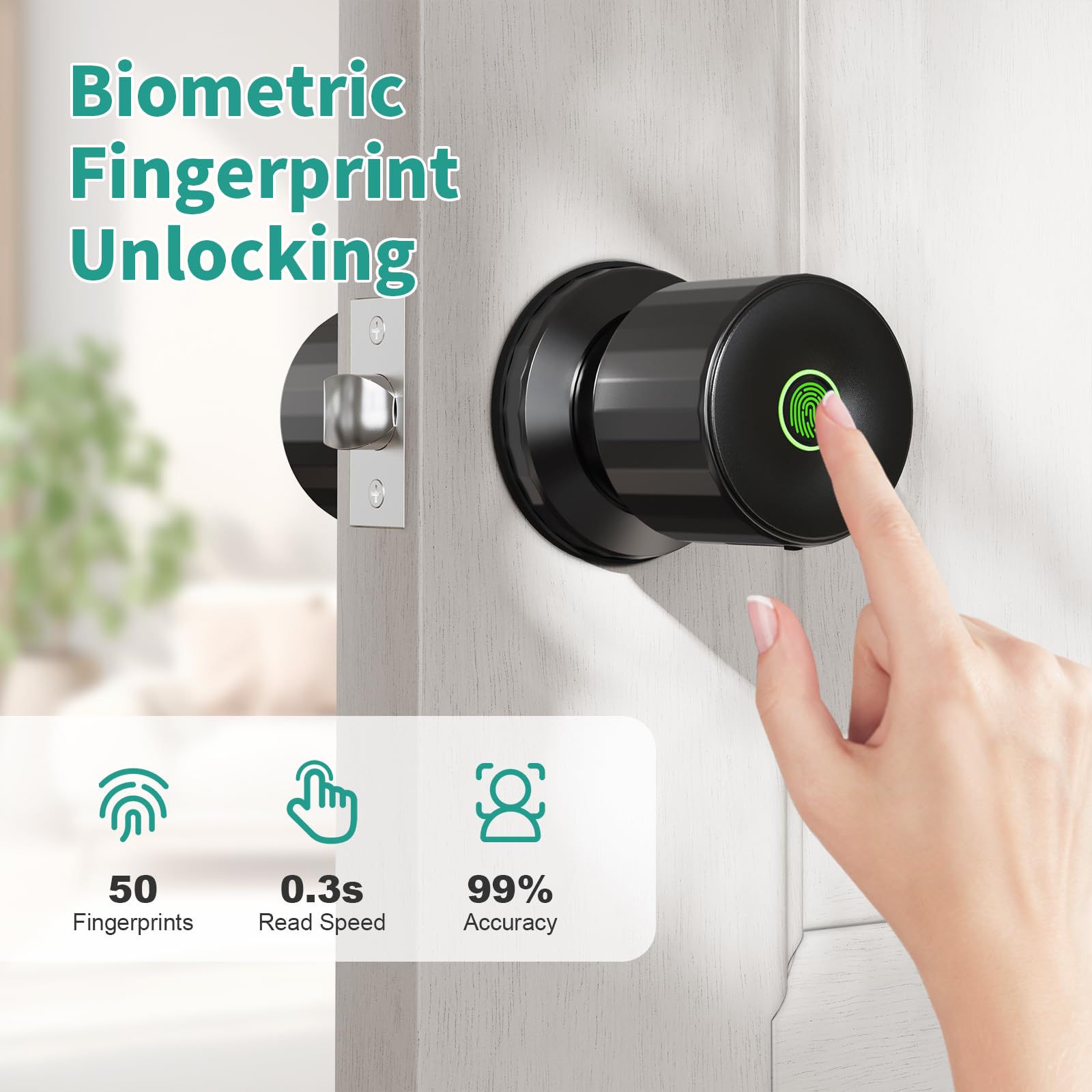 280X Fingerprint Door Knob, Smart Door Knob with APP Control, Black Keyless Entry Door Lock