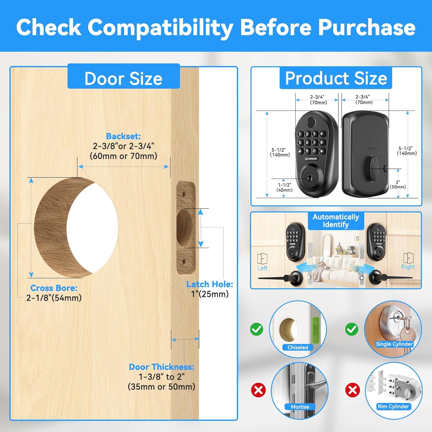 IRONZON Keyless Entry Door Lock - 350Y 5-in-1 Fingerprint Smart Locks for Front Door with Handle Set, Electronic Keypad Door Lock with Handle and Deadbolt - Black
