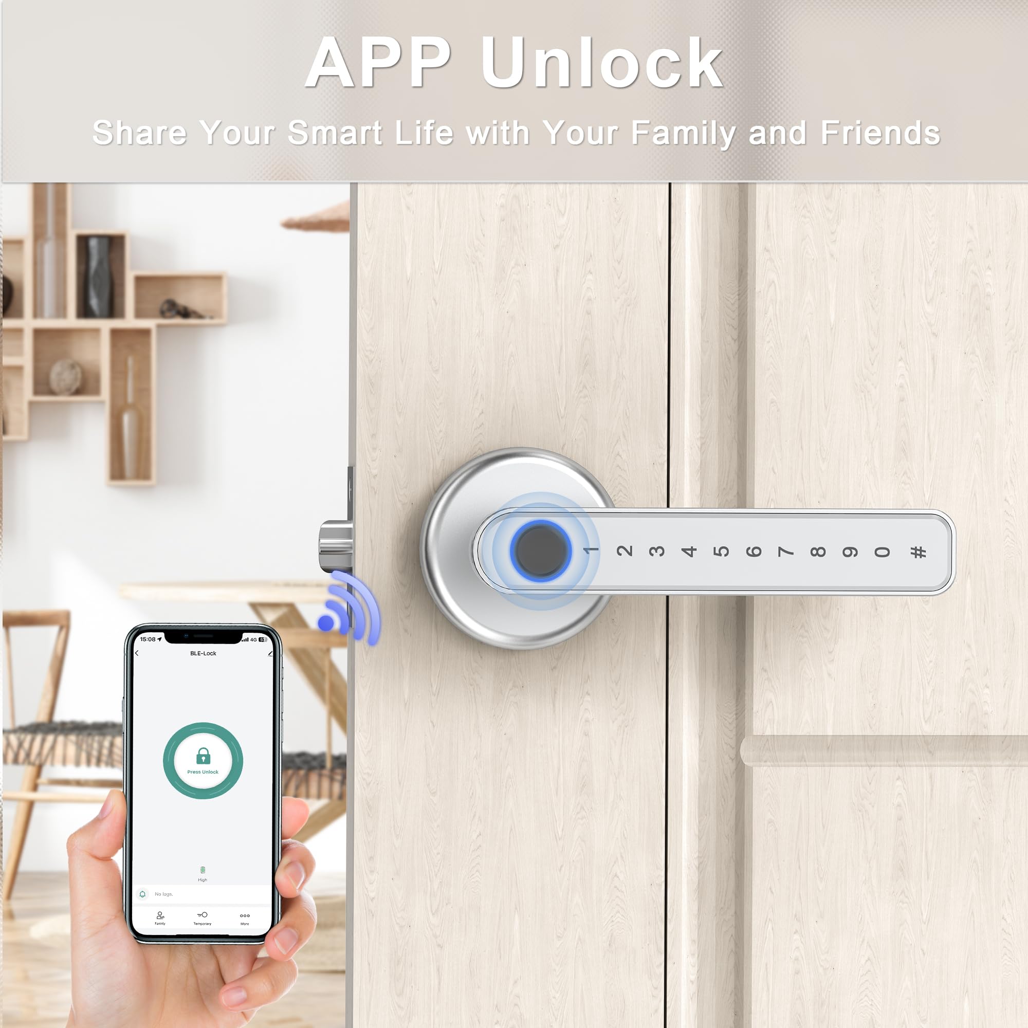 TY190S Fingerprint Door Lock with Smart App/Backup Key/Code/Keyless Entry Silver