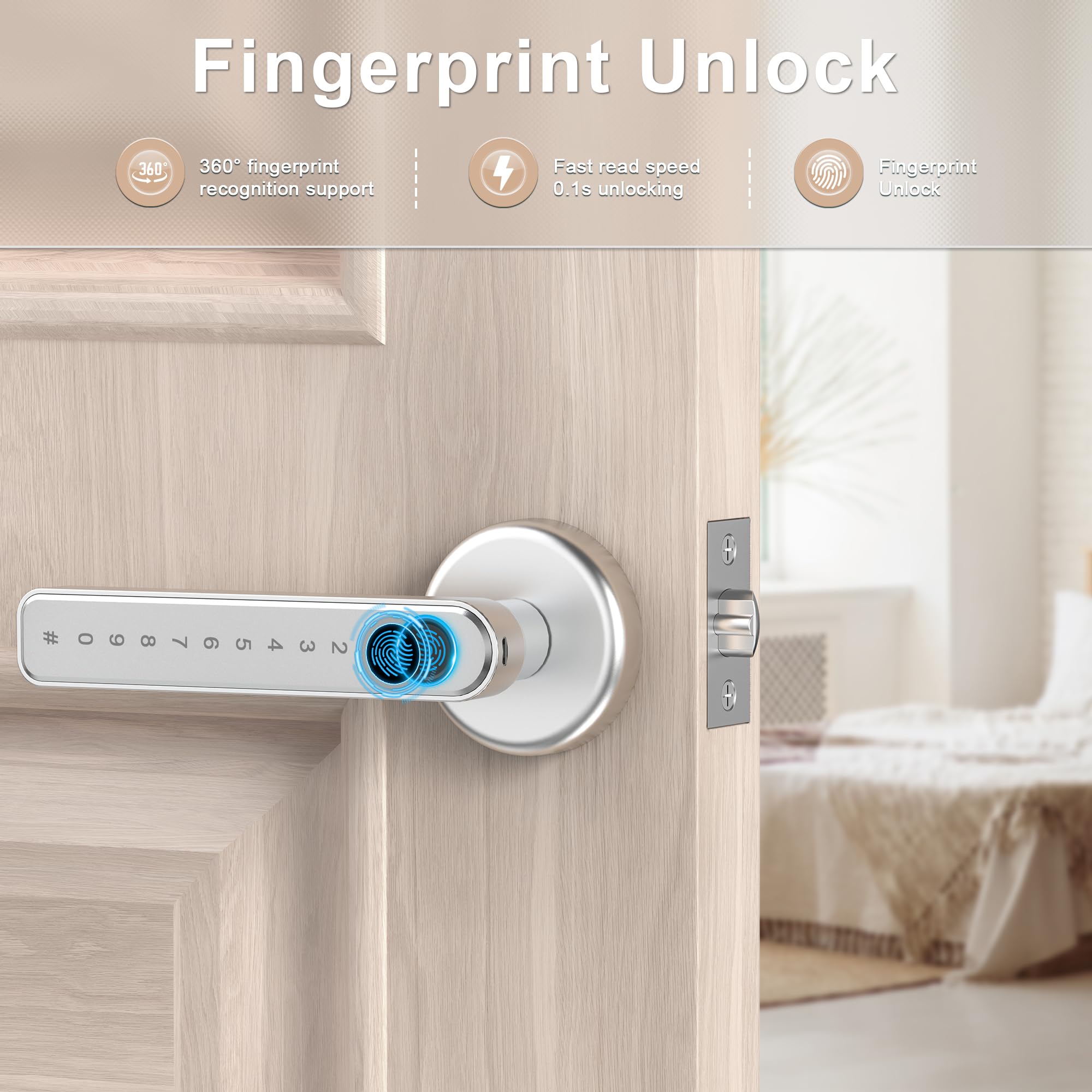 TY190S Fingerprint Door Lock with Smart App/Backup Key/Code/Keyless Entry Silver